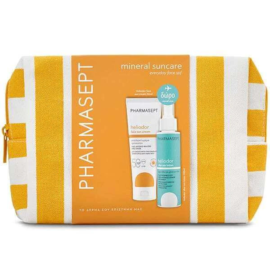 PHARMASEPT Promo Heliodor Crema Solar Facial SPF50 Protector Solar Facial, 50ml & Regalo Tamaño Viaje Heliodor Loción After Sun Loción Facial-Corporal Para Después de la Exposición Solar, 100ml & Caja de Agua