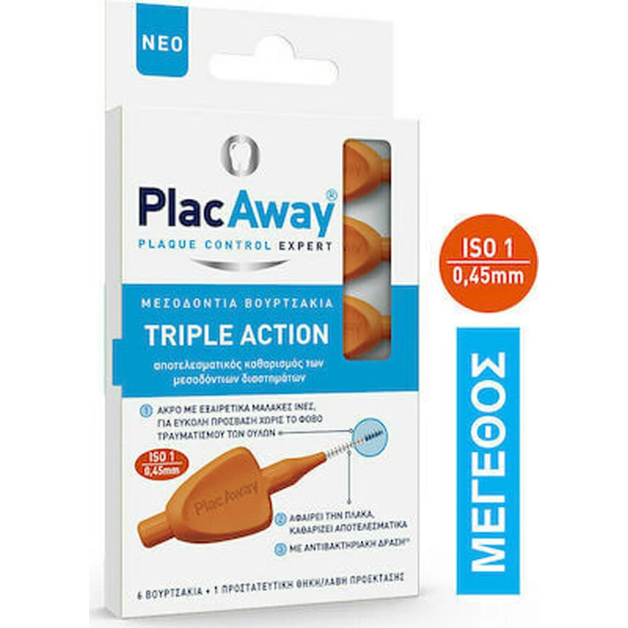 PLAC AWAY Cepillos de Dientes Medios Triple Acción 0,45mm ISO 1 Naranja x6 uds.