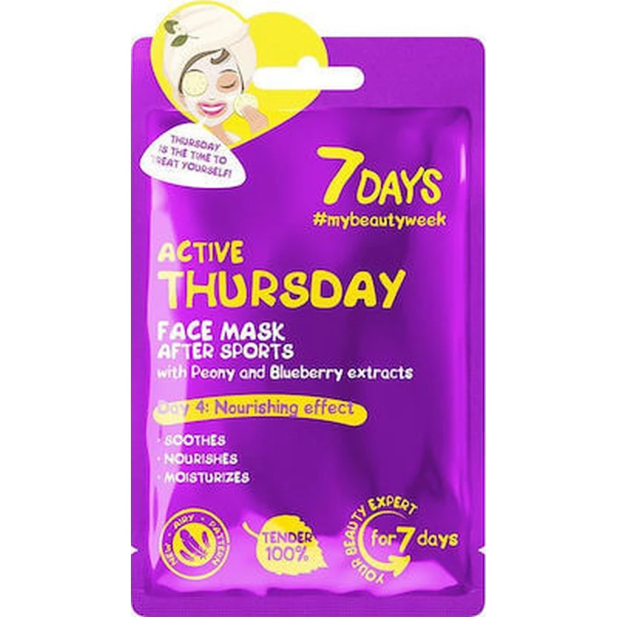 7DAYS Active Thursday Sheet Mask Masque de visage pour peau acnéique à la pivoine et au bleuet, 28g