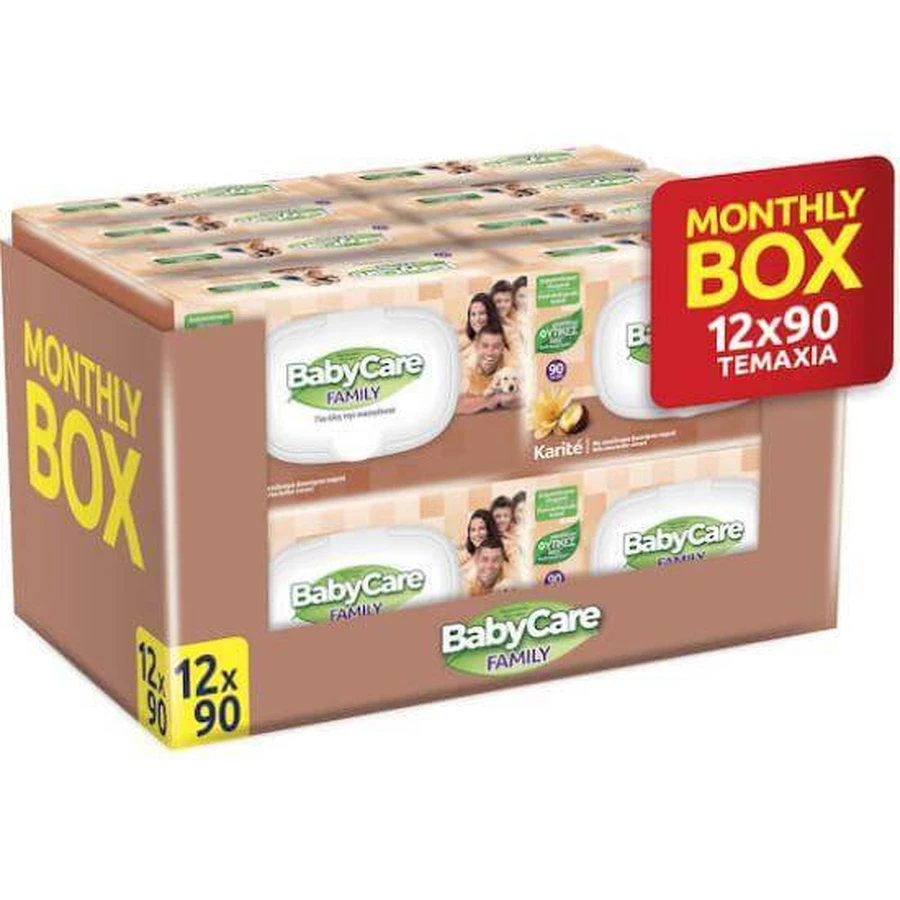 BABYCARE Family Toallitas húmedas para toda la familia con extracto de manteca de karité (12 paquetes de 90 unidades) Caja