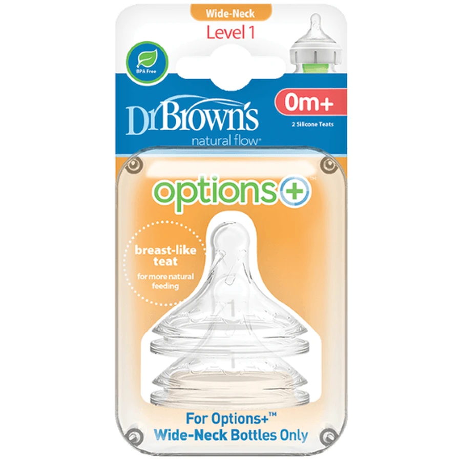 DR. BROWN'S Natural Flow Silicone Bottle Nipple Options+ With Wide Neck Level 1 0+ Months 2 Pieces WN 1201