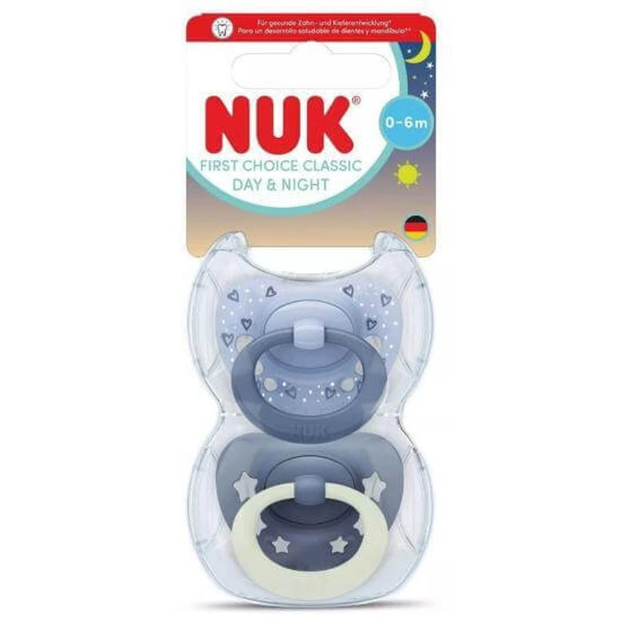Chupete NUK First Choice Classic Day&Night de silicona para 0-6 meses con bolsa, 2 piezas