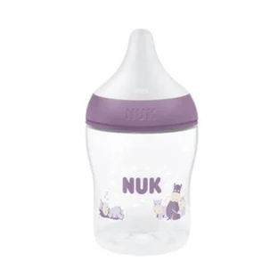 NUK Perfect Match Biberón de Plástico 0m+ con Indicador de Control de Temperatura con Tetina de Silicona de Orificio Pequeño 150ml Color Morado, Hippopotamus, 150ml, 1ud.