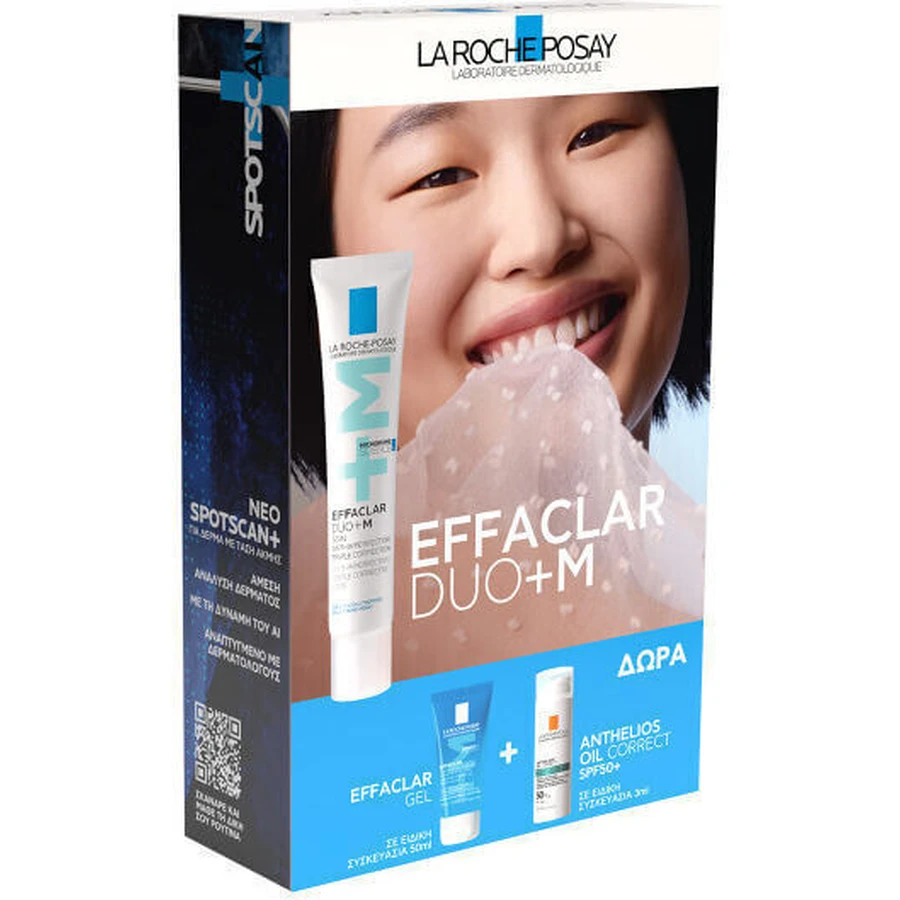 LA ROCHE-POSAY Effaclar Duo + M Drievoudige corrigerende verzorging tegen onzuiverheden Voor de vette huid met neiging tot acne Met GRATIS Effaclar Reinigingsgel 50ml & Zonnebrandcrème Anthelios Oil Correct SPF50+ 3ml