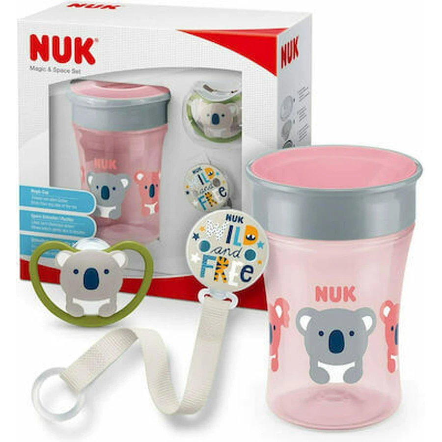 NUK Magic Cup & Space Set mit pädagogisch wertvollem, transparentem Cola-Becher, 230ml & Stützband & Space Schnuller für 6+ Monate in Pink