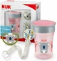 NUK Magic Cup &amp; Space Set cu pahar de Cola transparent educațional, 230ml și suzetă cu panglică de susținere și spațiu pentru 6+ luni în roz