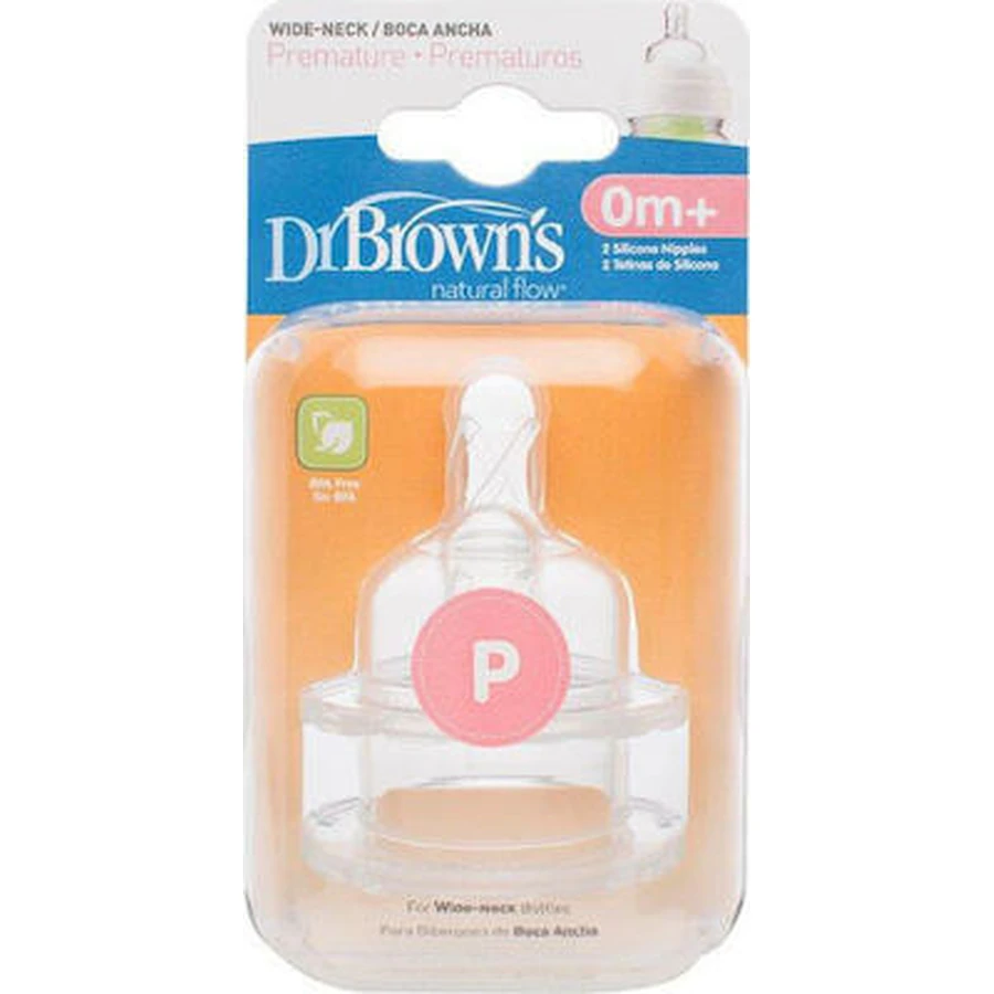 DR.BROWN'S Natural Flow Siliconen Fles Tepels met Brede Hals Voor Premature Baby's 2 Stuks WN 0201