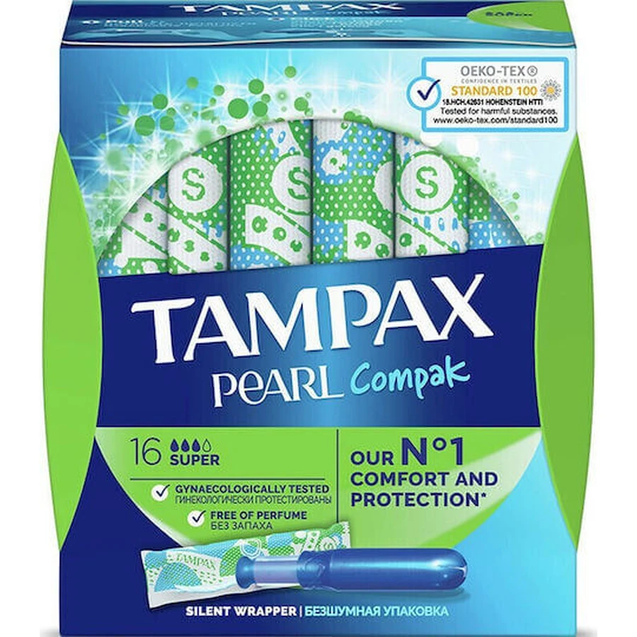 TAMPAX Pearl Compak Super Tampons With High Absorbency Applicator, 16 pieces