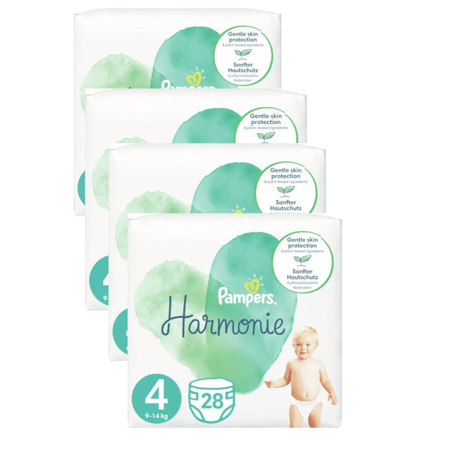 PAMPERS Harmonie Babyluiers Nr.4 9-14Kg 112 Stuks (4 Verpakkingen van 28 Stuks)