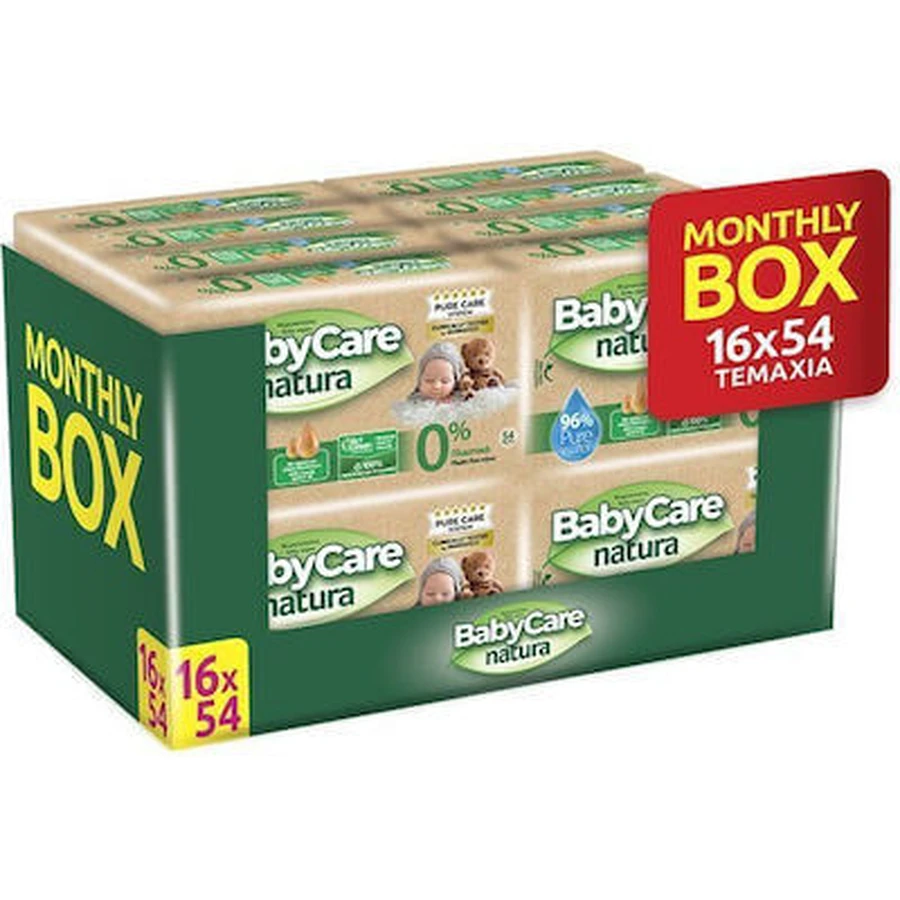 BABYCARE Toallitas Natura 0% Plástico - 96% Agua Pura ( 16 Paquetes de 54 Piezas ) 864 Piezas