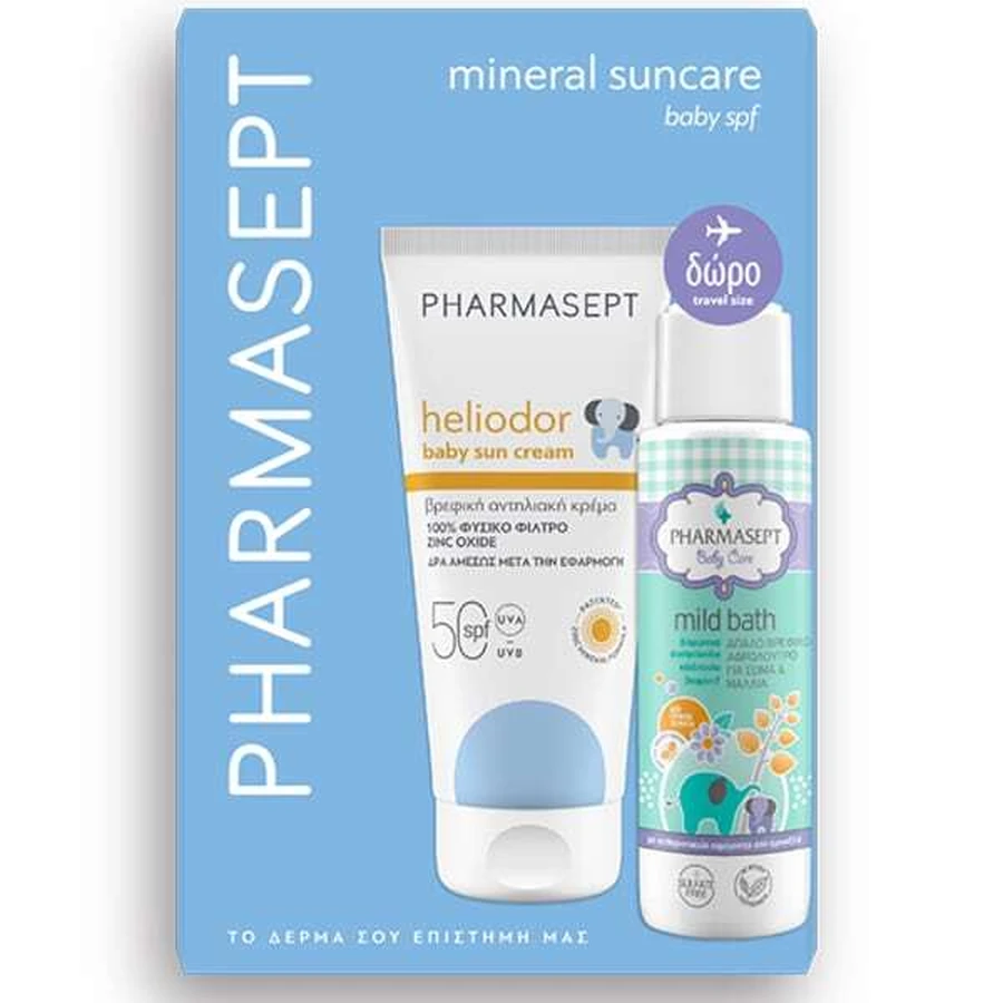 PHARMASEPT Promo Mineral Suncare Baby Heliodor Sun Cream Baby Sunscreen SPF50, 100ml & Geschenk Reisegröße Baby Care Mild Bath Soft Baby Shower Gel for Body & Hair, 100ml