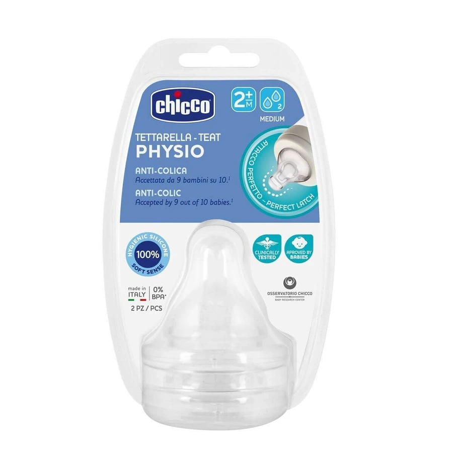 CHICCO Physio Anti-Colic Silikonsauger mit normalem Durchfluss 2 Tropfen für 2+ Monate 2 Stück