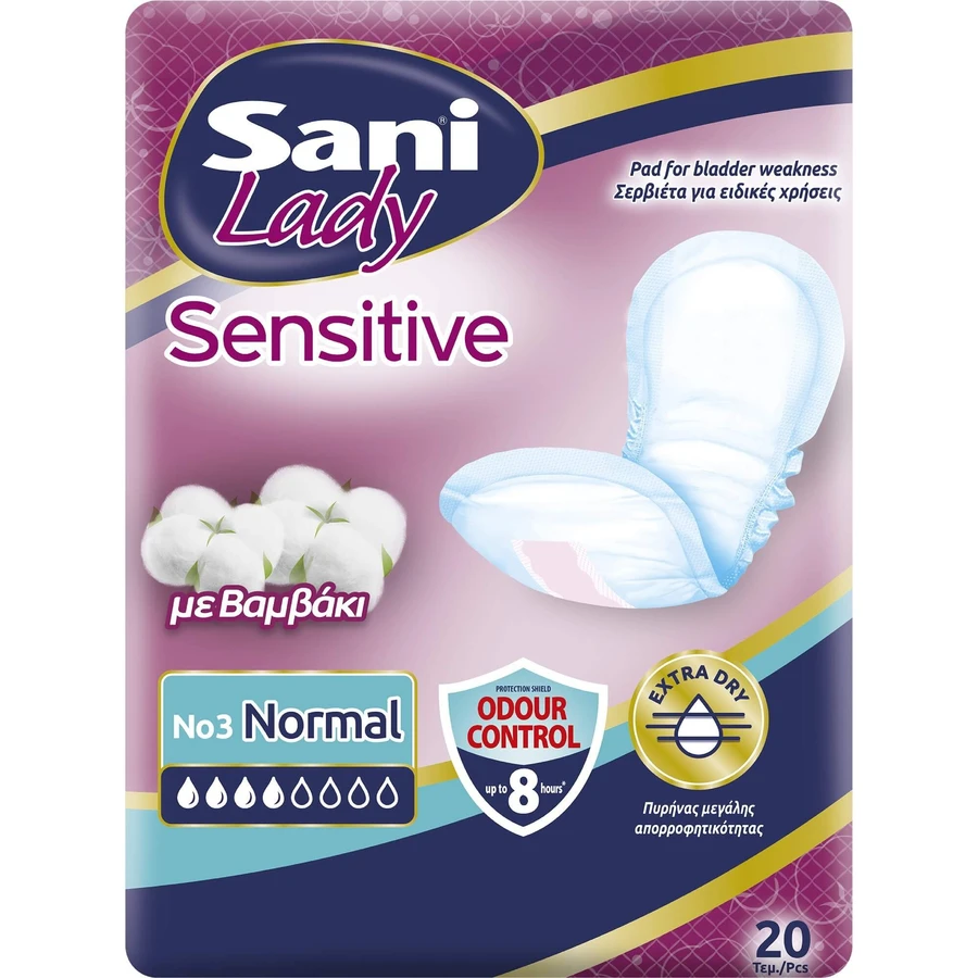 SANI Sensitive Lady with Cotton No3 Normal Women's Cotton Sanitary Napkins for Light Acne 20 Pieces (serviettes hygiéniques en coton pour femmes sensibles avec coton No3 normal pour femmes normales pour acné légère)