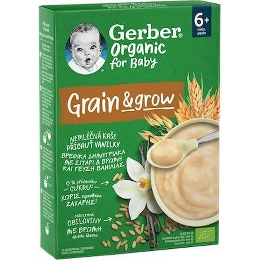 GERBER Biologische Babygranen met Tarwe, Haver & Vanillesmaak Vanaf 6 maanden 200g