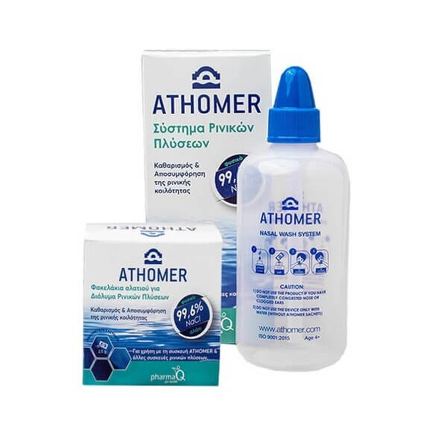 PHARMAQ Athomer Nasal Wash System 99.6% NaCl Nasal Wash Solution For Adults And Children Over 4+ Years 250ml