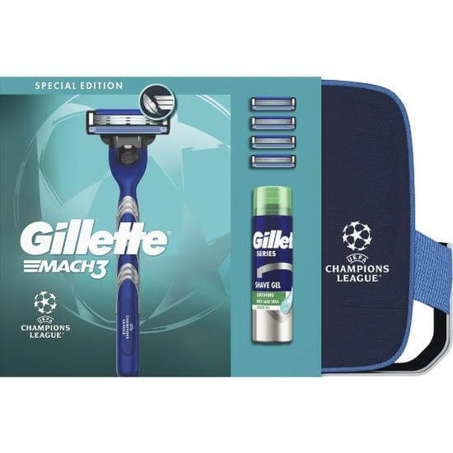 GILLETTE Promo Champions League Mach 3, 1 handvat & 4 reserveonderdelen & Series Sensitive Shave Gel 200ml & Necessaire