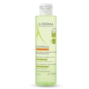 A-DERMA Exomega Control Gel Limpiador Emoliente 2 en 1 Gel Limpiador Hidratante para Pieles Atópicas / Secas para Cuerpo y Cabello 200ml