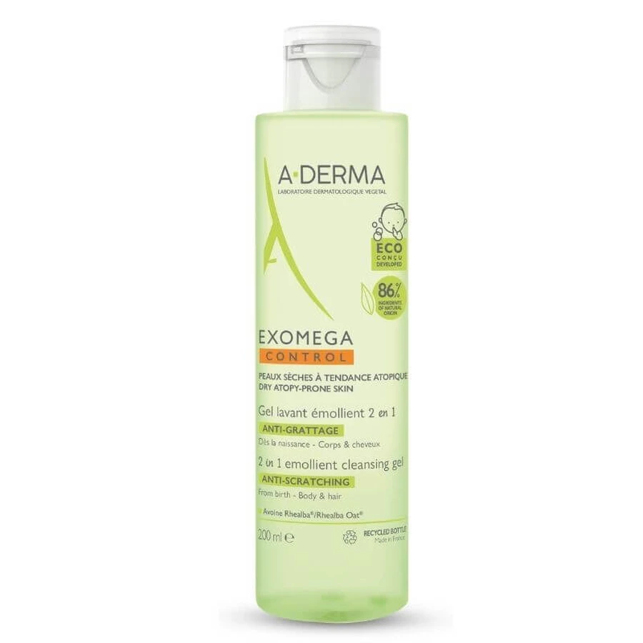 A-DERMA Exomega Control Gel Limpiador Emoliente 2 en 1 Gel Limpiador Hidratante para Pieles Atópicas / Secas para Cuerpo y Cabello 200ml