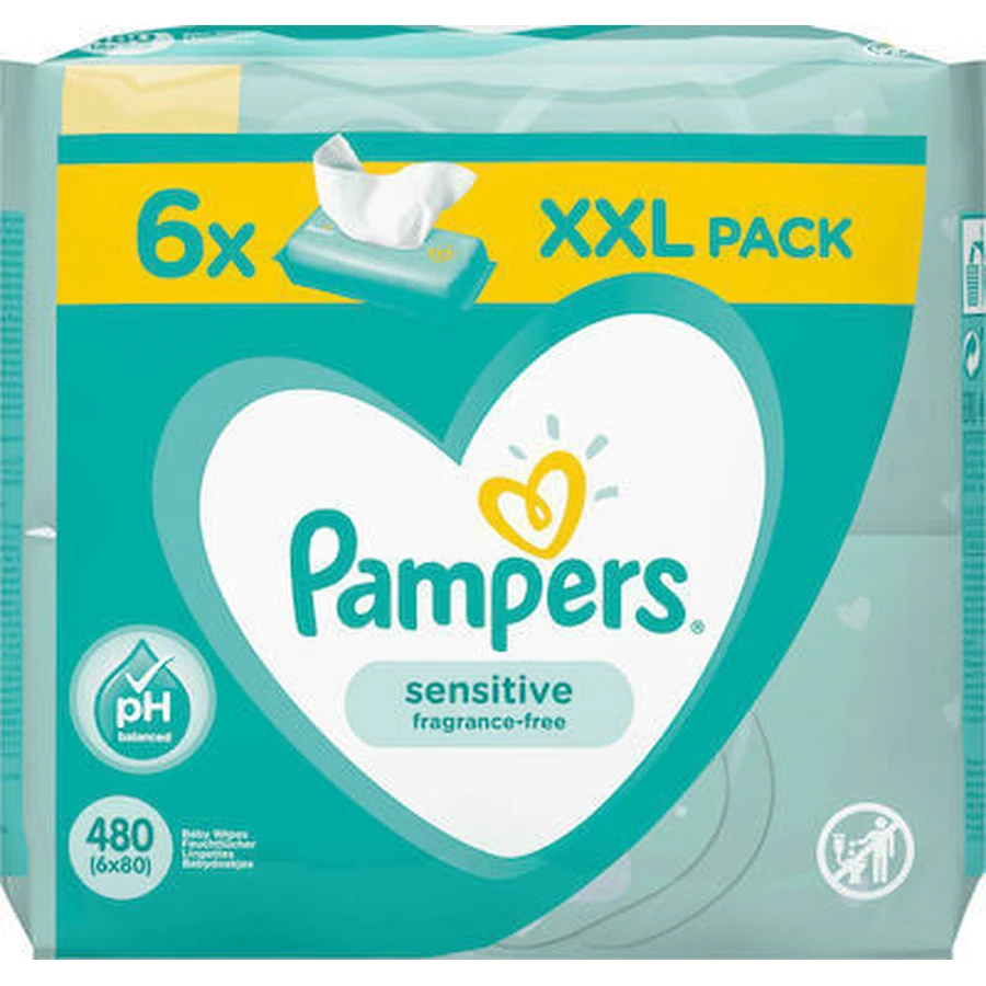 PAMPERS Sensitive alkohol- und duftstofffreie Baby-Feuchttücher XXL-Packung ( 6 Packungen à 80 Stück ) 480 Stück