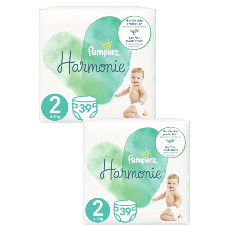 PAMPERS Harmonie Pañales No.2 4-8Kg 78 Piezas (2 Paquetes de 39 Piezas)