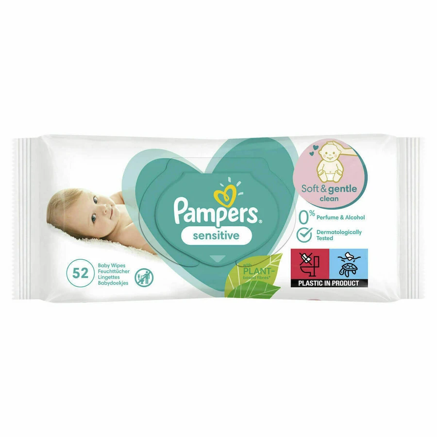 PAMPERS Sensitive Wipes Lingettes pour bébés 0% plastique, parfum et alcool 52 pièces