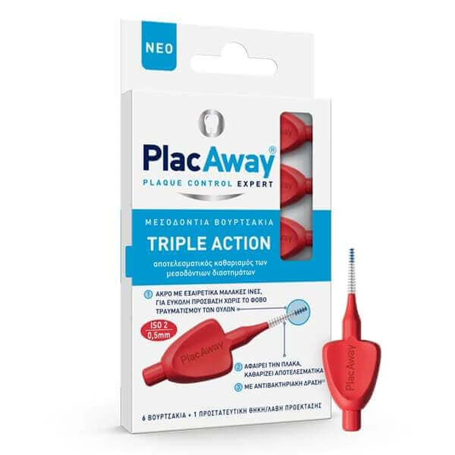 PLAC AWAY Triple Action Intertooth Brushes 0.5mm ISO 2 Rot 6 Stück