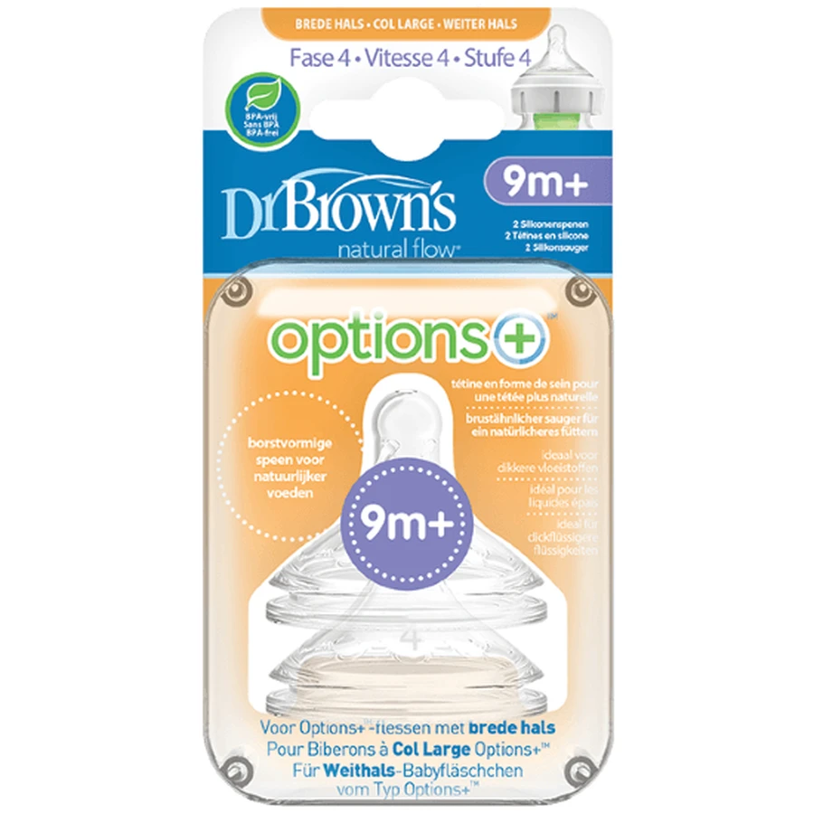 DR. BROWN'S Natural Flow Silicone Bottle Nipple Options+ With Wide Neck Level 4 9+ Months 2 Pieces WN 4201