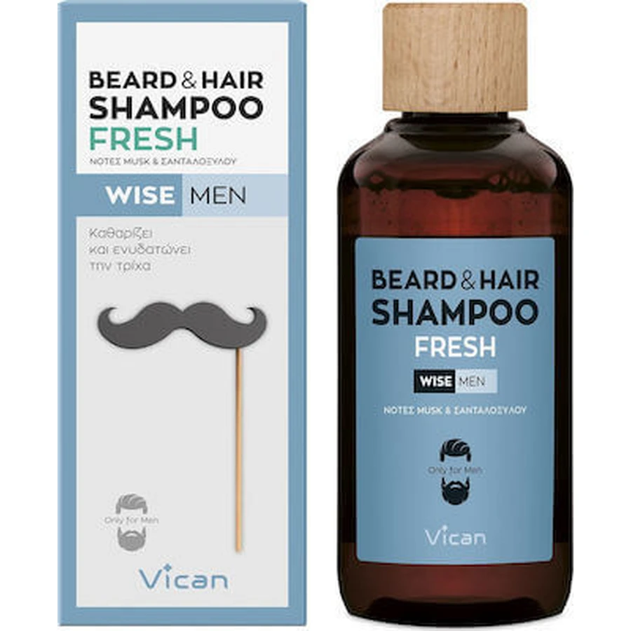 VICAN Wise Men Champú para barba y cabello Champú fresco para barba y cabello masculino con sándalo y almizcle 200ml
