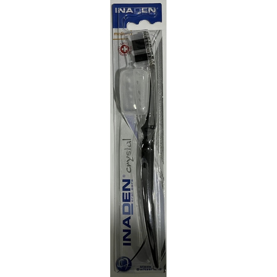 Brosse à dents moyenne INADEN Crystal avec capuchon protecteur - Noir
