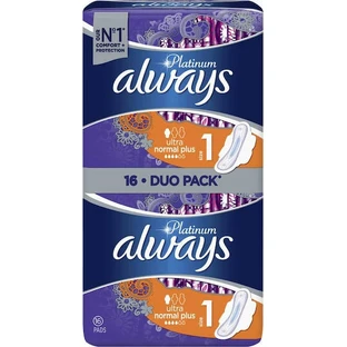 ALWAYS Platinum Comfort & Protection Ultra Normal Plus Pads with Wings for Normal Flow Size 1, 16 pieces
