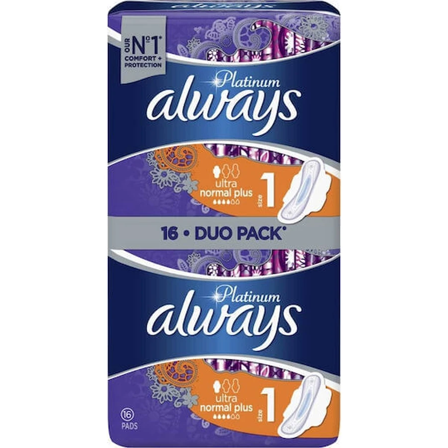 ALWAYS Platinum Comfort & Protection Ultra Normal Plus Pads with Wings for Normal Flow Size 1, 16 pieces