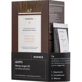 KORRES Aceite de Argán Paquete Colorante Avanzado Tinte Permanente 6.7 Cacao 50ml & Mascarilla Capilar GRATIS Mascarilla Capilar de Aceite de Argán, 40ml