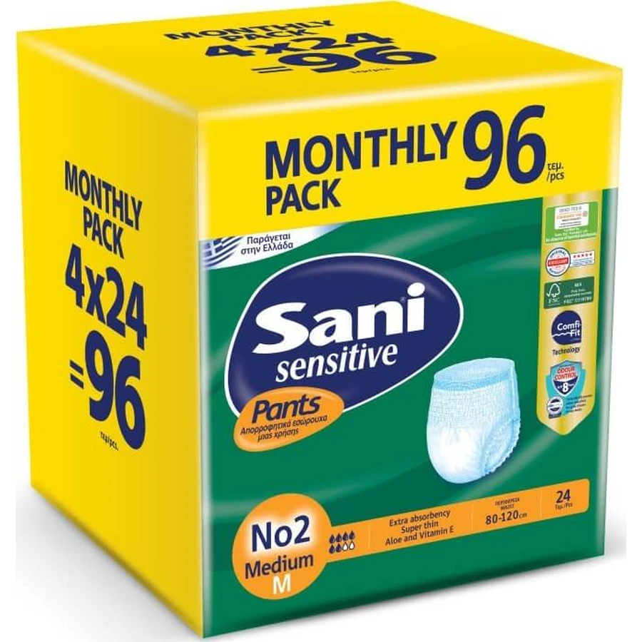 SANI Pants Sensitive Elastic Underwear No2 Medium 96 Pieces (4x24) Monthly Pack