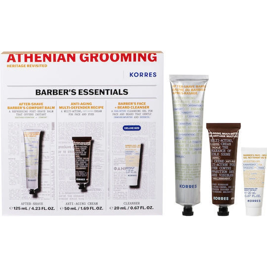 KORRES Promo Athenian Grooming Barber's Essentials Rejuvenating Face Balm for After Shave 125ml & Anti-Aging Face & Eye Cream for Men 50ml & Refreshing Cleansing Gel for Face & Gums 20ml