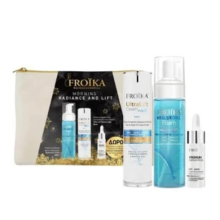 FROIKA Geschenkset Morning Radiance & Lift mit Hyaluronic Foam Reinigungsschaum 200ml, Ultra Lift Cream Feuchtigkeitscreme 50ml & Geschenk Premium Intensive Drops Anti-Aging Drops 10ml & Wasserbox