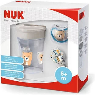 NUK Magische Beker & Ruimte Set Met Educatieve Transparante Teddybeerbeker, 230ml & Lint & Fopspeen Ruimte Voor 6+ Maanden In Grijs