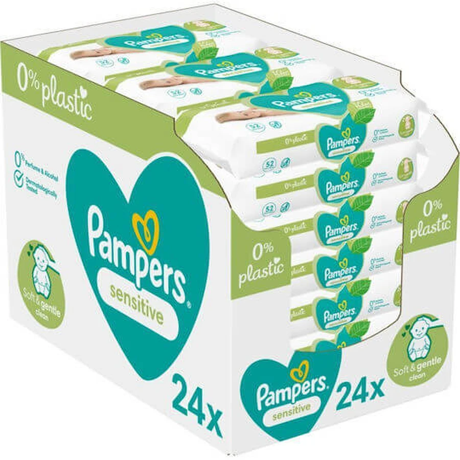 PAMPERS Wipes Baby Toallitas Sensibles sin Perfume, Alcohol y Parabenos (24 Paquetes de 52 Piezas) 1248 Piezas 2 Cajas