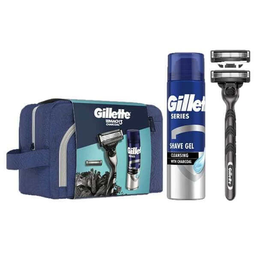 GILLETTE Promo Mach 3 Maquinilla de afeitar de carbón & 2 maquinillas de recambio & Gel de afeitar limpiador Series 200ml & Caja de agua