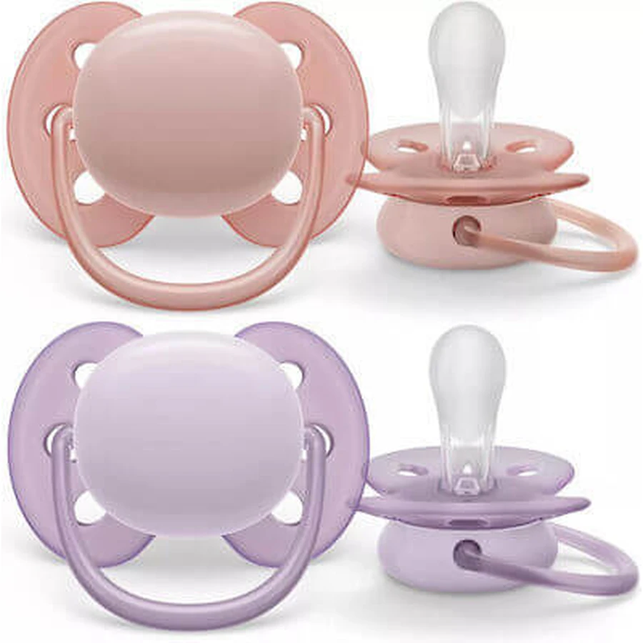 AVENT Ultra Soft pentru piele sensibilă Suzeta ortodontică din silicon pentru mai puțină iritare pentru 0-6 luni 2 bucăți Somon-violet [SCF091/31]