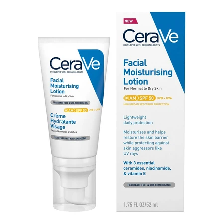 Crema hidratante para piel normal-seca con SPF 50, 52 ml, CeraVe