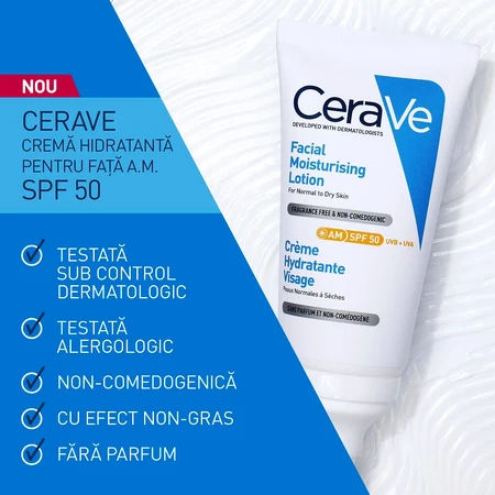 Crema hidratante para piel normal-seca con SPF 50, 52 ml, CeraVe