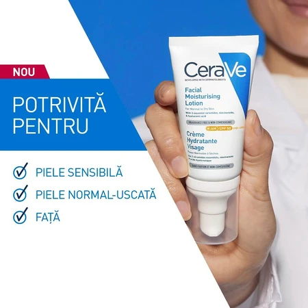Crema hidratante para piel normal-seca con SPF 50, 52 ml, CeraVe