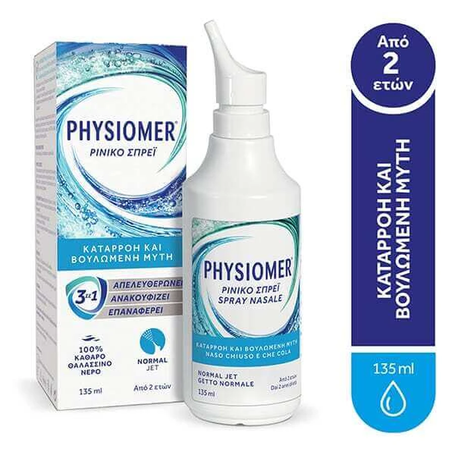 PHYSIOMER Solución Limpiadora Diaria Normal Jet con 100% Agua de Mar, 135ml