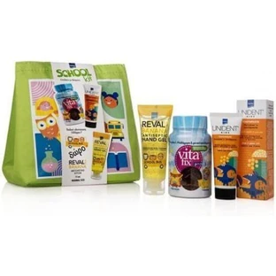 INTERMED Kinderhygiene-Set Vitafix Immuno 60 Gels, Kinderzahnpasta mit Fluorid 50ml, Kinderhandantiseptikum 30ml + GRATIS grüne Tasche