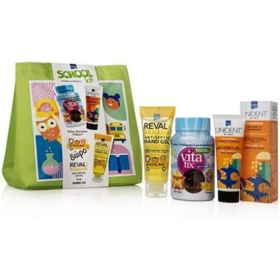 INTERMED Kinderhygiene-Set Vitafix Immuno 60 Gels, Kinderzahnpasta mit Fluorid 50ml, Kinderhandantiseptikum 30ml + GRATIS grüne Tasche