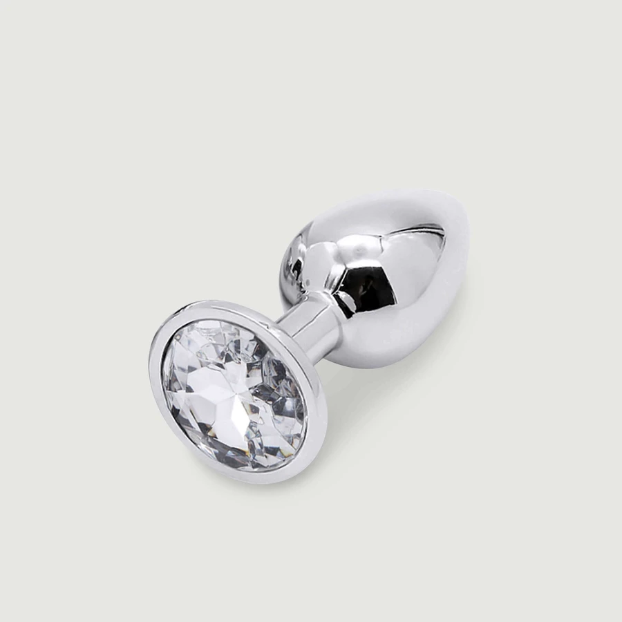 Anal Collection Medium Metal Butt Plug with Round Jewel - Silver/Transparent