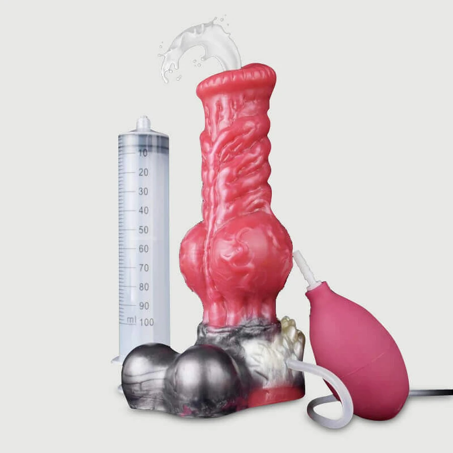 The Furry Silicone Dildo With Ejaculation & Suction Cup 21 x 7,5 cm - Red