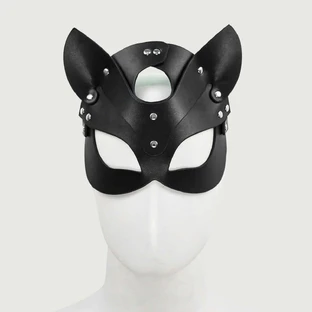 Máscara de Gato de Cuero con Correa Ajustable - Negra
