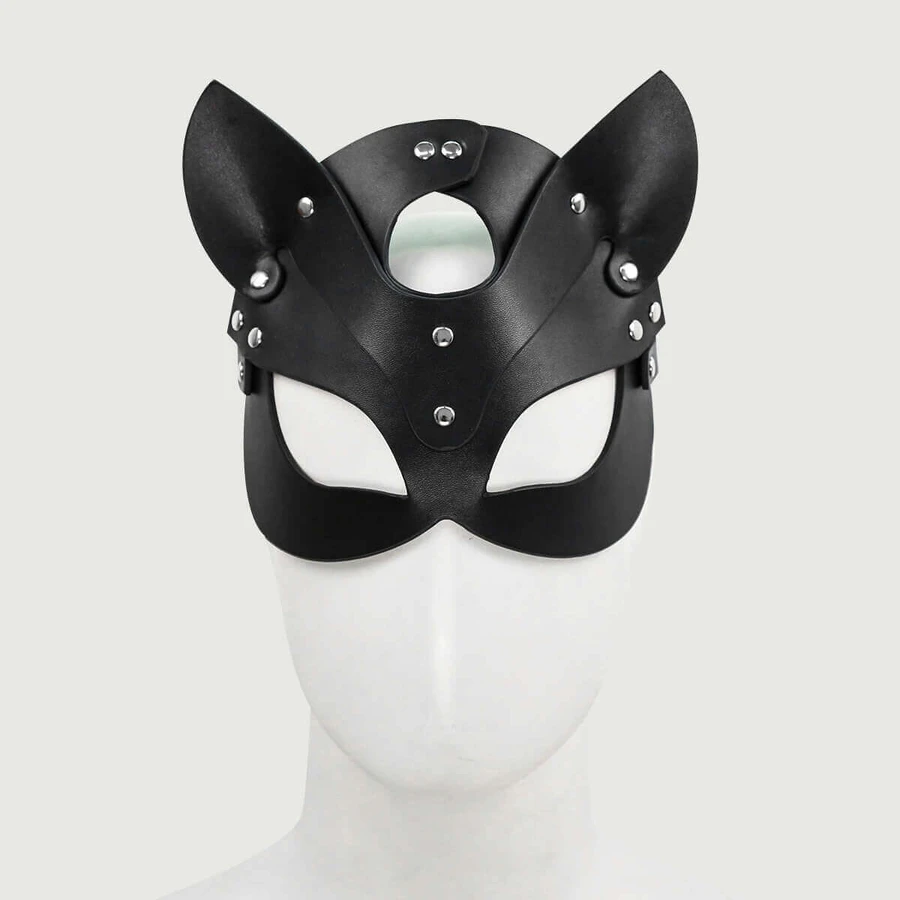 Máscara de Gato de Cuero con Correa Ajustable - Negra