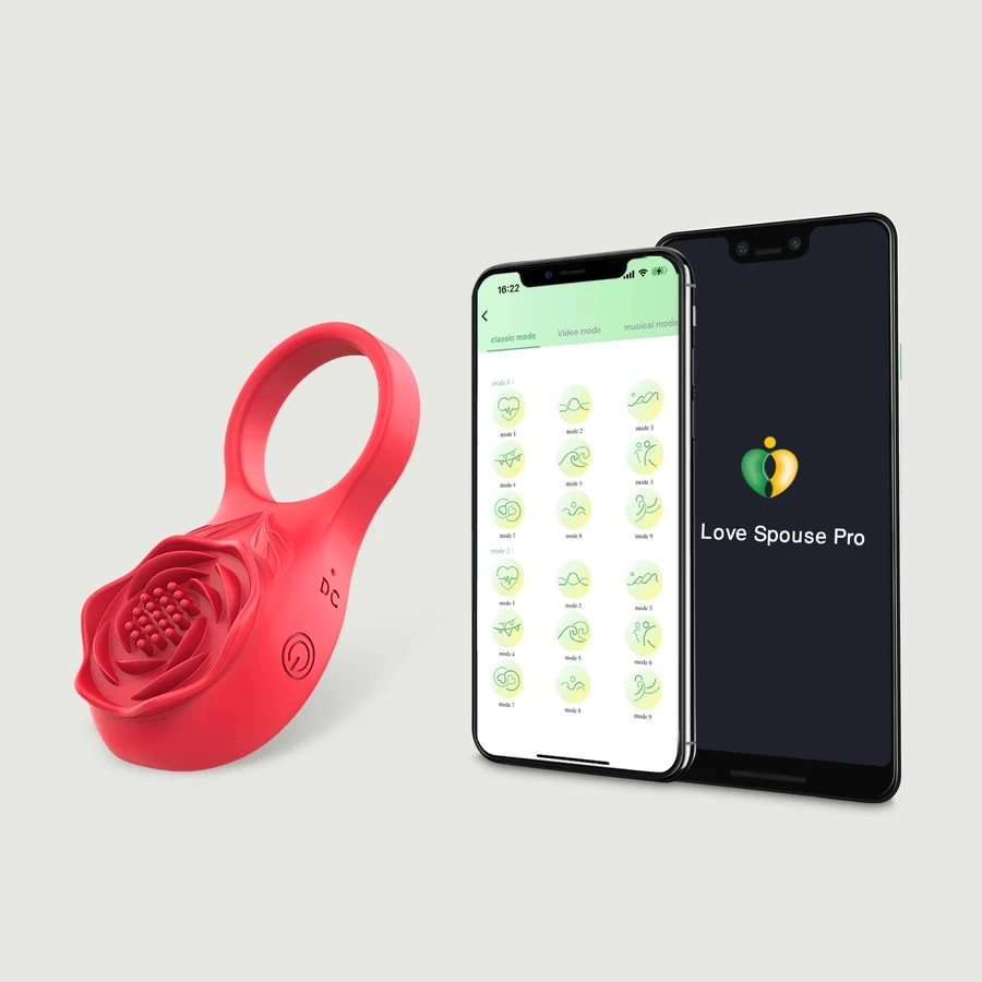 Inelul vibrator pentru penis din silicon bazat pe aplicația Flower Clit cu stimulator clitoridian - roșu